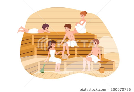 Men and women relaxing in steam sauna, flat vector illustration isolated on white background. 100970756