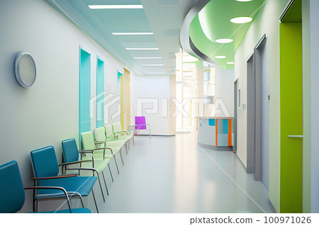 Long corridor in hospital with doors and reflections. Children's hospital concept Long corridor in hospital with doors and reflections. Children's hospital concept 100971026