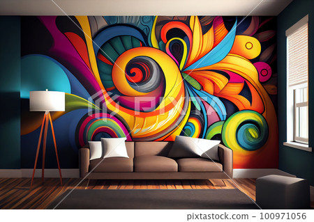 Stylish interior with beautiful abstract painting in vivid rainbow colors. Mural Stylish interior with beautiful abstract painting in vivid rainbow colors. Mural 100971056