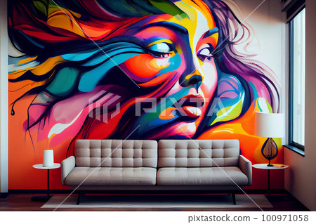 Stylish interior with beautiful woman's face on the wall. Vivid colors. Mural 100971058