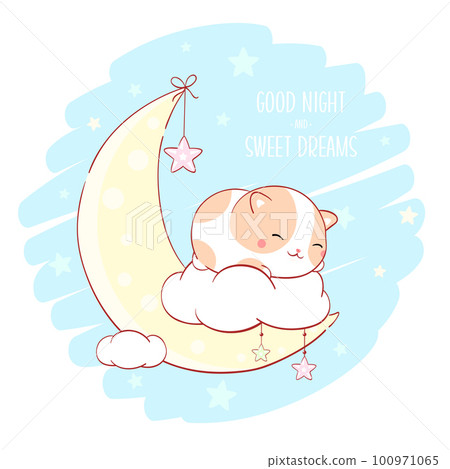 Cute fat cat sleeping on cloud. Inscription Good night and sweet dreams. Can be used for for childish t-shirt prints, nursery poster, baby shower greeting card Cute fat cat sleeping on cloud. Inscription Good night and sweet dreams. Can be used for for childish t-shirt prints, nursery poster, baby shower greeting card 100971065