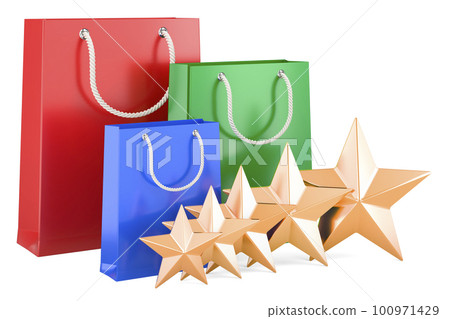 Shopping bags with five golden stars. Customer rating, 3D rendering Shopping bags with five golden stars. Customer rating, 3D rendering 100971429