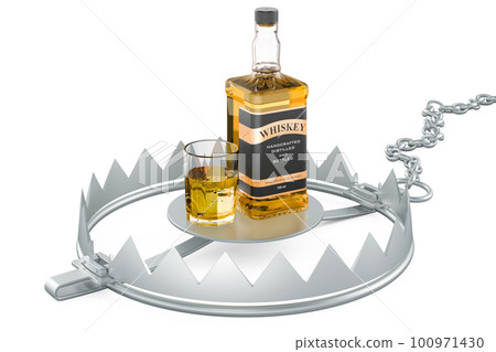 Whiskey bottle and full glass of whiskey inside bear trap. 3D rendering Whiskey bottle and full glass of whiskey inside bear trap. 3D rendering 100971430