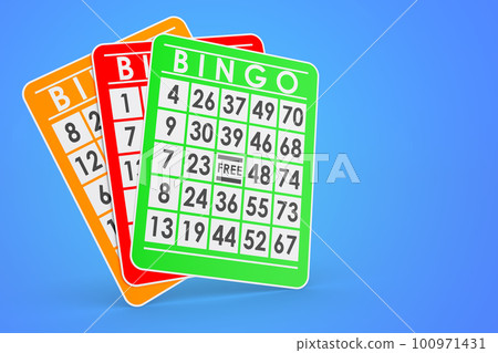 Bingo cards on blue background, 3D rendering Bingo cards on blue background, 3D rendering 100971431