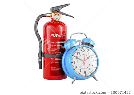 Fire extinguisher with alarm clock. 3D rendering Fire extinguisher with alarm clock. 3D rendering 100971432
