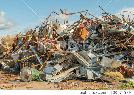 Processing industry, a pile of old scrap metal, ready for recycling. Scrap metal recycling. 100971589