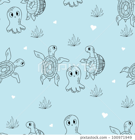 Seamless pattern with sea animals. Cute octopus and turtles on blue background. Vector illustration in doodle style. Endless background for kids collection, wallpapers, packaging, print. 100971949