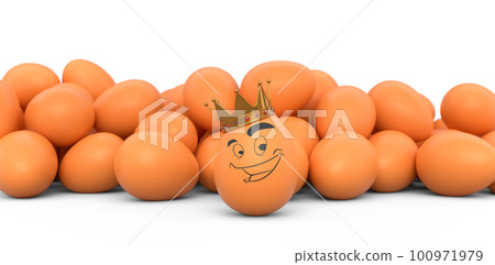 Group of farm brown chicken eggs and unique egg with funny face and gold crown Group of farm brown chicken eggs and unique egg with funny face and gold crown 100971979