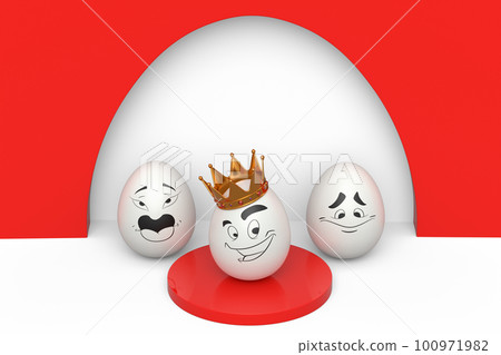 Group of farm white chicken eggs and unique egg with funny face and gold crown Group of farm white chicken eggs and unique egg with funny face and gold crown 100971982