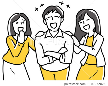 Two women and one man laughing 100972823