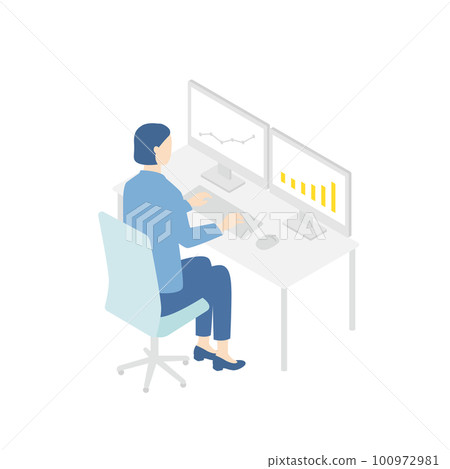 Business woman working at desk dual monitor 100972981