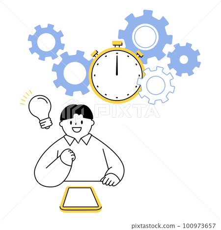 Vector illustration of a kid using a tablet to think efficiently and find answers. Vector illustration of a kid using a tablet to think efficiently and find answers. 100973657