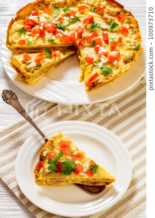 Hot Green Chile Enchilada Casserole, top view Hot Green Chile Enchilada Casserole, top view 100973710