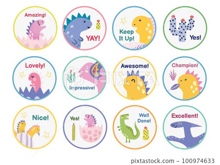 Reward stickers collection with cute dinosaurs. Teachers award badges with funny dinos Reward stickers collection with cute dinosaurs. Teachers award badges with funny dinos 100974633