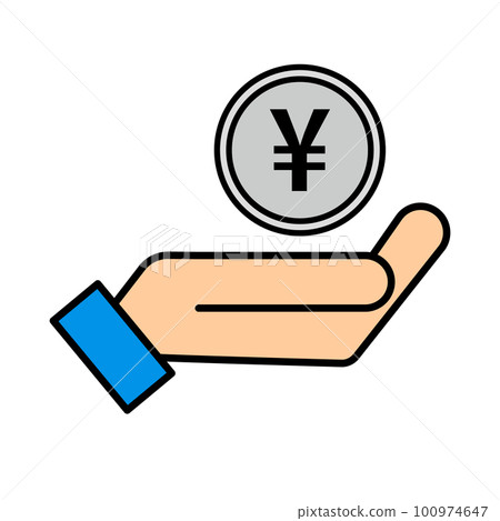 平面設計中的日元硬幣和手形圖標。向量。 100974647
