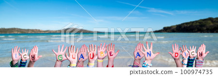 Children Hands Building Ich Glaube An Dich Means I Believe In You, Ocean And Sea Children Hands Building Ich Glaube An Dich Means I Believe In You, Ocean And Sea 100974735