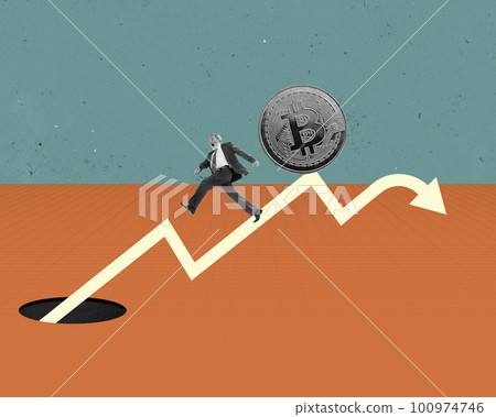Modern financial trade market. Senior businessman running on arrow with bitcoin. Innovations and challenges. Contemporary art collage. 100974746