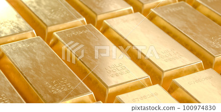 Shiny gold bar arrangement in a row. 3d render Shiny gold bar arrangement in a row. 3d render 100974830