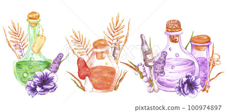 Hand drawn watercolor magical poison composition. Isolated on white background. Scrapbook, post card, banner, lable. 100974897