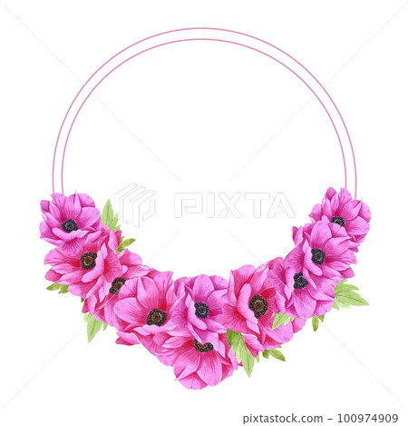 Hand drawn watercolor pink anemone flower wreath with green leaves. Isolated on white background. Scrapbook, post card, banner, label. 100974909