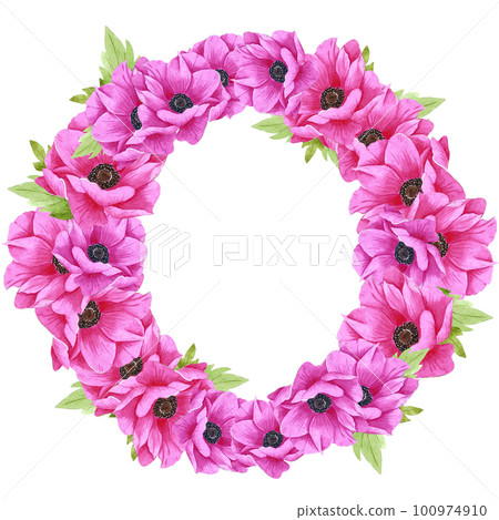 Hand drawn watercolor pink anemone flower frame with green leaves. Isolated on white background. Scrapbook, post card, banner, lable. 100974910