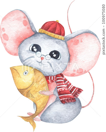 Little mouse holding a fish, Chinese New Year of the Rat. Watercolor illustration. 100975080