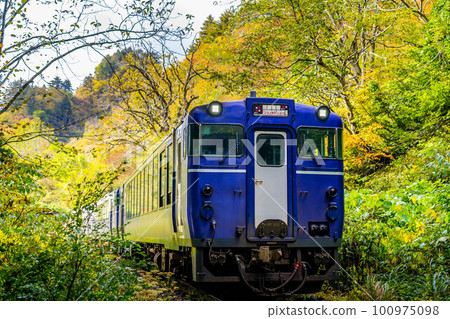A special train that runs through the mountains in the autumn sunshine and colored leaves ~Tadami Line~ A special train that runs through the mountains in the autumn sunshine and colored leaves ~Tadami Line~ 100975098