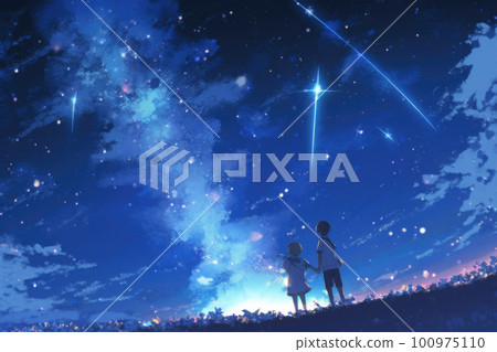 Two figures looking up at the sky full of stars and the Milky Way 100975110