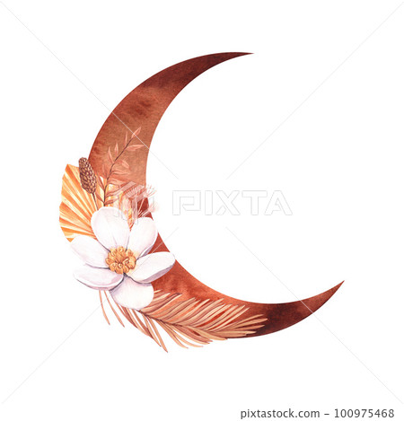 Watercolor golden moon and dry flowers. Hand-drawn illustration isolated on white background.Perfect for islamic celebration day ramadan kareem, eid al fitr adha, arab design Watercolor golden moon and dry flowers. Hand-drawn illustration isolated on white background.Perfect for islamic celebration day ramadan kareem, eid al fitr adha, arab design 100975468