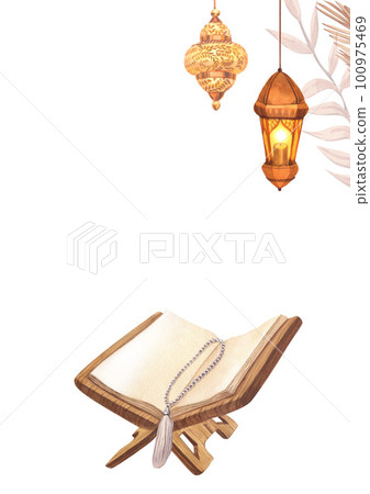 Watercolor frame holy book of Koran, golden lantern. Hand-drawn illustration isolated on white background. Perfect for islamic celebration day ramadan, eid al fitr adha, eid mubarak, muslim holiday 100975469
