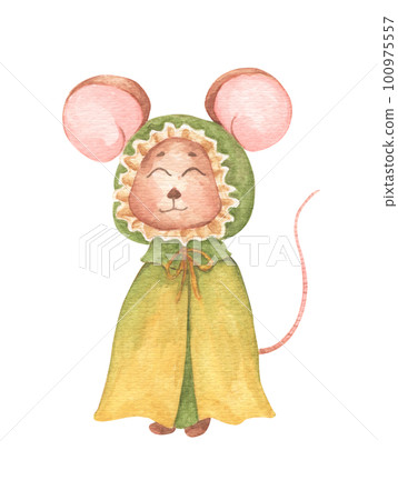 Little mouse in green cloak with hood. Watercolor hand draw illustration. Little mouse in green cloak with hood. Watercolor hand draw illustration. 100975557