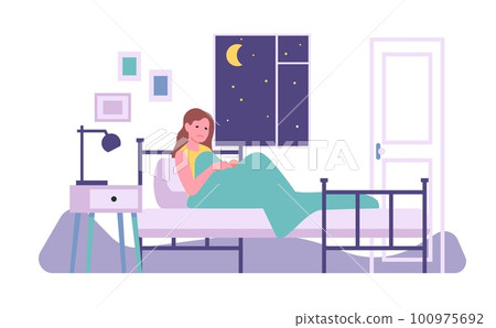 Young woman suffers from insomnia. Sleepy girl can not sleep. Asleep disorder. Unhappy person lying in bed. Problem with slumber. Nighttime resting. Dream deprivation. Vector concept Young woman suffers from insomnia. Sleepy girl can not sleep. Asleep disorder. Unhappy person lying in bed. Problem with slumber. Nighttime resting. Dream deprivation. Vector concept 100975692