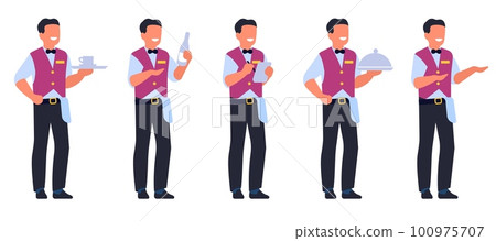 Waiter character. Restaurant employee. Headwaiter or sommelier. Man in cafe uniform. Male holding menu and wine bottle. Person carrying cup on tray. Vector catering workers poses set 100975707