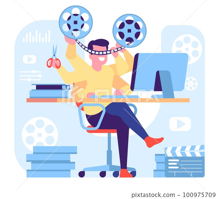 Video editor. Process of film editing. Filmmakers work. Man cutting movie tape. Cinematography producer and director. Male redacting filmstrip. Computer monitor on table. Vector concept 100975709