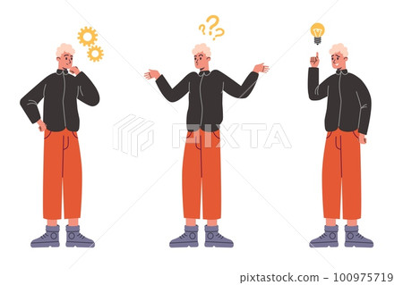 Thinking man. Thought process of solving problem. Pensive guy in different states of finding solution. Intense brain work. Analysis or selection. Innovation lamp. Vector idea searching set Thinking man. Thought process of solving problem. Pensive guy in different states of finding solution. Intense brain work. Analysis or selection. Innovation lamp. Vector idea searching set 100975719