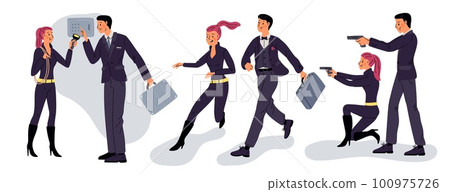 Secret agents couple. Undercover spies. Man and woman in strict clothes. Professional superheroes people with guns or briefcases. Thriller characters. Garish vector detective persons set 100975726
