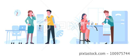 People drink water in office and home. Employees standing near cooler. Couple with beverage cups in kitchen. Plastic bottle. Aqua dispenser. Man and woman quenching thirst vector set 100975744