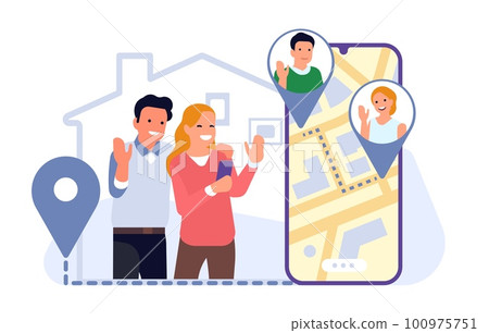 Parents keep track of their children whereabouts using smartphone app. Phone screen with map and location pins. GPS navigation. Kids safety mobile application service. Vector concept Parents keep track of their children whereabouts using smartphone app. Phone screen with map and location pins. GPS navigation. Kids safety mobile application service. Vector concept 100975751