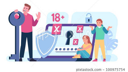 Parental control software. Limited Internet access. Restricted content filter. Parent with lock and key. Media safety. PC limitation application. Monitoring service. Vector concept Parental control software. Limited Internet access. Restricted content filter. Parent with lock and key. Media safety. PC limitation application. Monitoring service. Vector concept 100975754