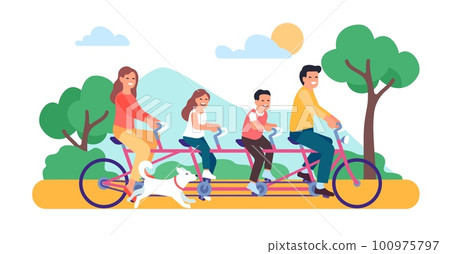 Joyful family rides together on tandem. Parents and kids on bicycle. City transportation. Young people walking with dog in park. Couple and children biking in nature. Vector concept 100975797