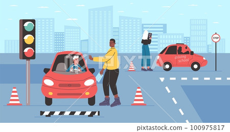 Driving test. Instructor is examining drive school student. Teacher checking knowledge of beginner. Obtaining process automobile driver license. Vehicle transportation. Vector concept 100975817