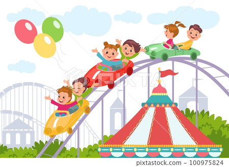 Cute children on Russian roller coaster. Smiling boys and boys ride in amusement park. Attraction cars. Fun entertainment. Funpark carousel. Summer outdoor leisure. Splendid vector concept 100975824