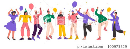 Birthday party people. Friends congratulate guy. Gift presentation. Wonderful anniversary celebration. Confetti and balloons. Joyful men and women. Present box. Vector cheerful persons set 100975829