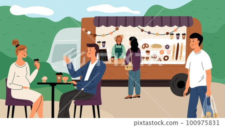 Bakery shop. Happy people tasting fresh pastries. Open cafe. Small food track. Couple enjoying coffee or cupcakes at table. Vendor selling snacks. Outdoor van store. Garish vector concept 100975831