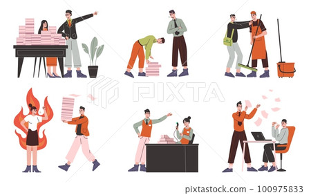 Angry chief. Boss yelling at employees. Stressful workflow. Tense atmosphere. Abusive work relationship. Furious manager in fire. Exhausted workers. Vector office conflict situations set 100975833