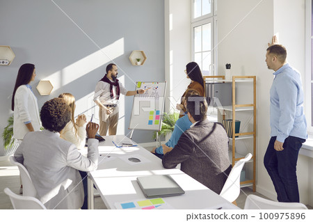 Male coach make presentation for employees in office 100975896