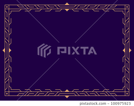 Art deco frame. Vintage linear border. Design a template for invitations, leaflets and greeting cards. Geometric golden frame. The style of the 1920s - 1930s. Vector illustration 100975923