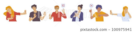Negative gestures of body language flat vector illustration isolated on white. 100975941
