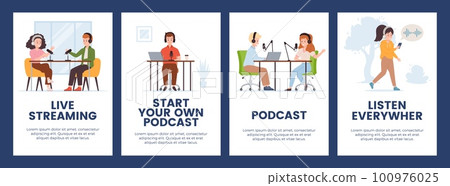 Online podcast audio streaming event banners or posters flat vector illustration. Online podcast audio streaming event banners or posters flat vector illustration. 100976025