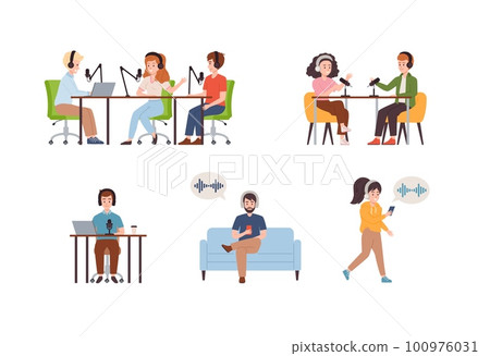 People recording and listening online audio podcast, flat vector illustration. 100976031
